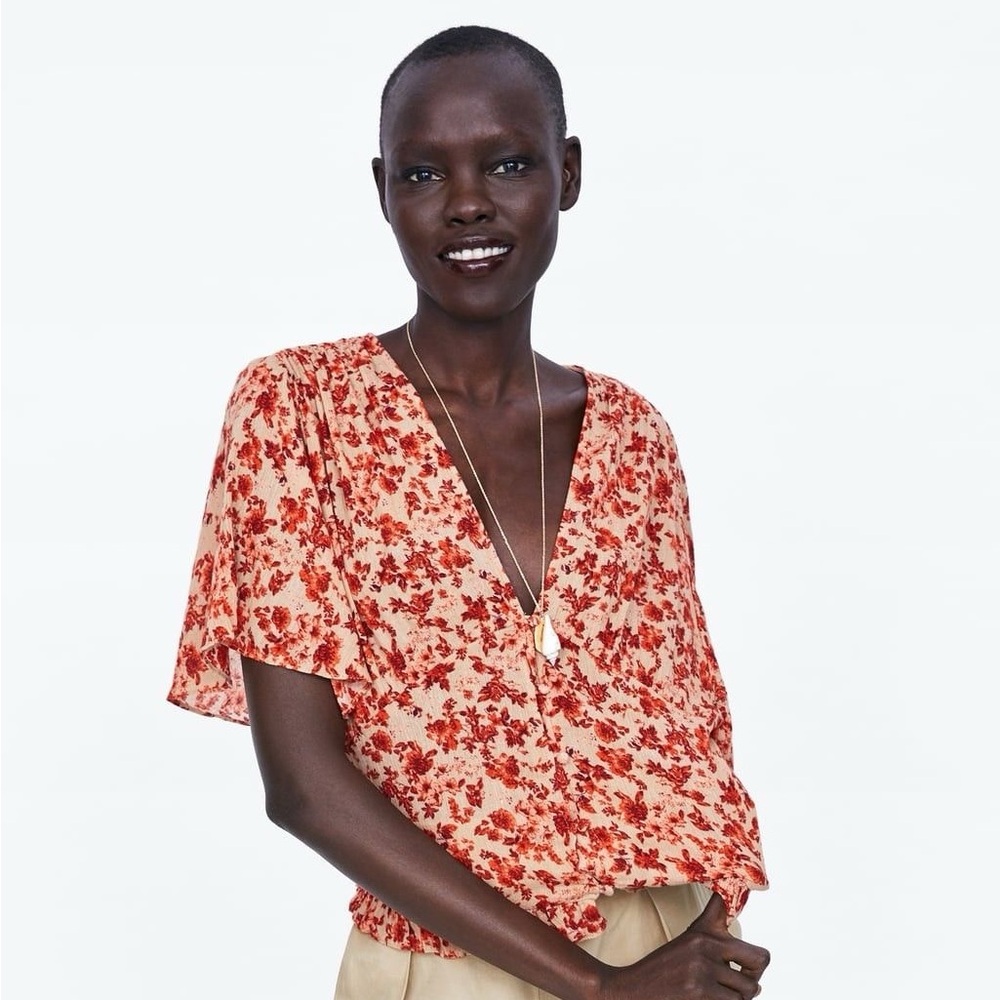 Floral V-Neck Blouse - Red